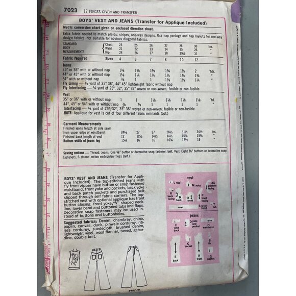 70s Simplicity 7023 Boys Vest Jeans Sewing Pattern Size 4 Applique Transfer CUT - Picture 5 of 6